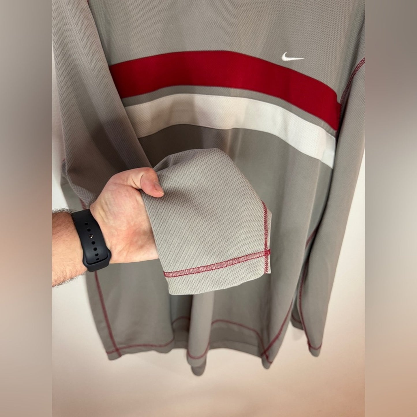 XXL Nike Vintage Grey with Red and White Stripe Heavyweight Long Sleeve Shirt