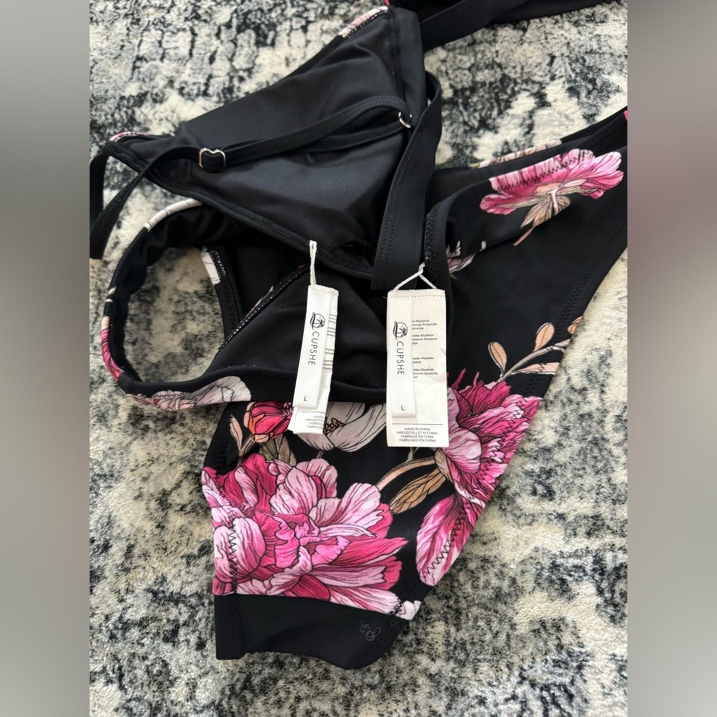 Pre-Owner LG Cupshe Black and Pink Floral Bikini Top and Bottom Set