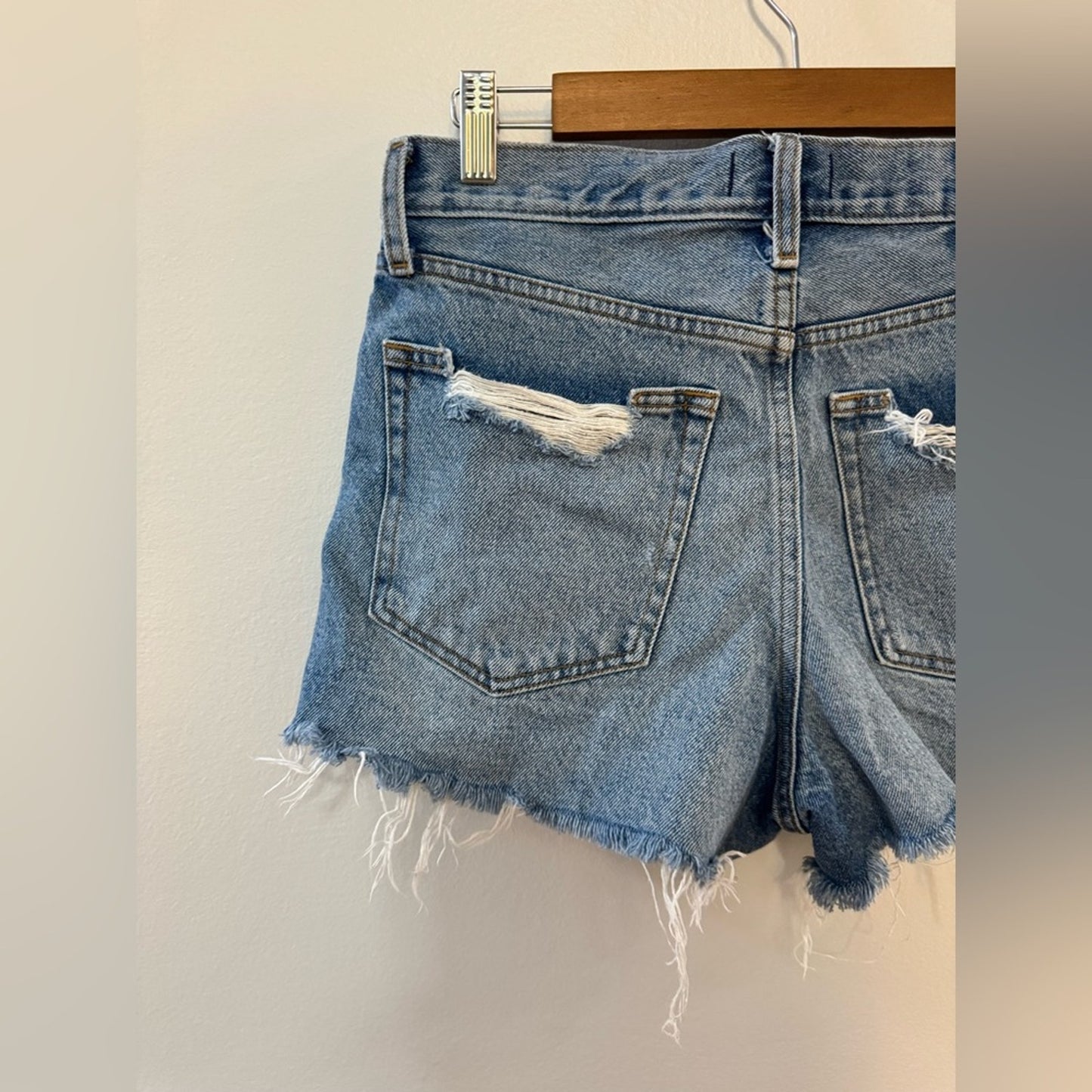 Size 6 Abercrombie & Fitch Light Blue Distressed Annie High Rise Jean Shorts