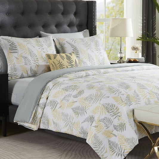 MaiRêve King Comforter Set, Textured Design Sage Green and Yellow Leaves Printed