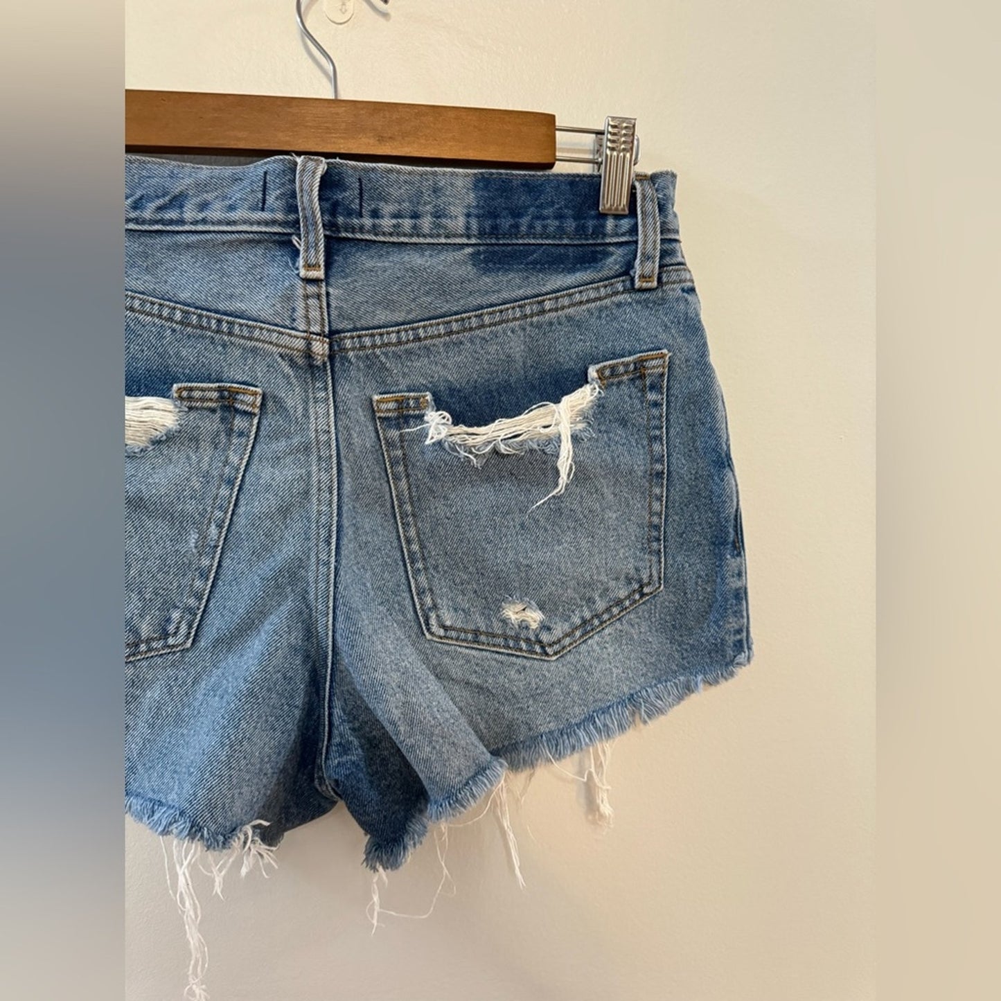 Size 6 Abercrombie & Fitch Light Blue Distressed Annie High Rise Jean Shorts