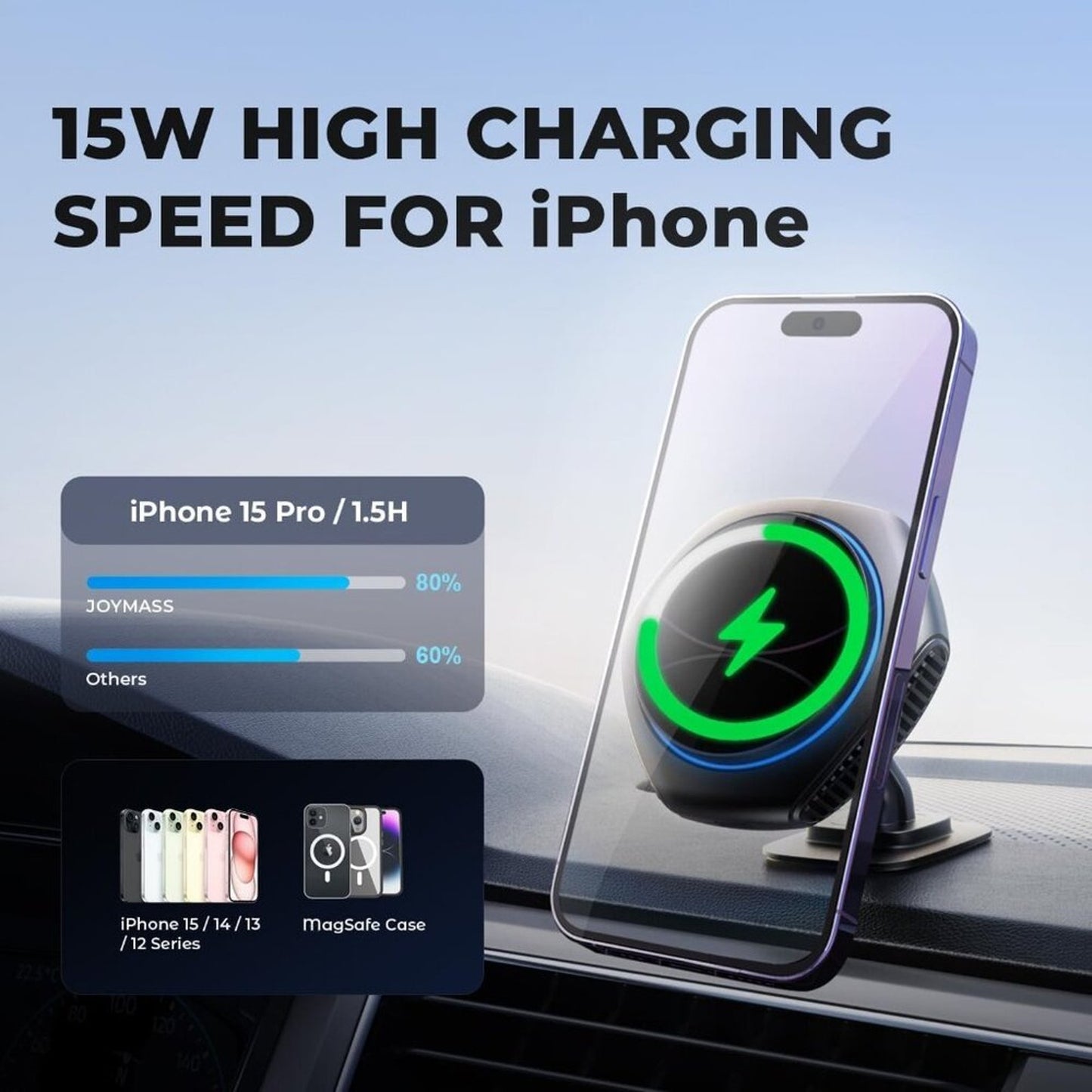 MagSafe Car Mount Charger, 15W Zinc Alloy Fast Charging Magnetic Wireless Car