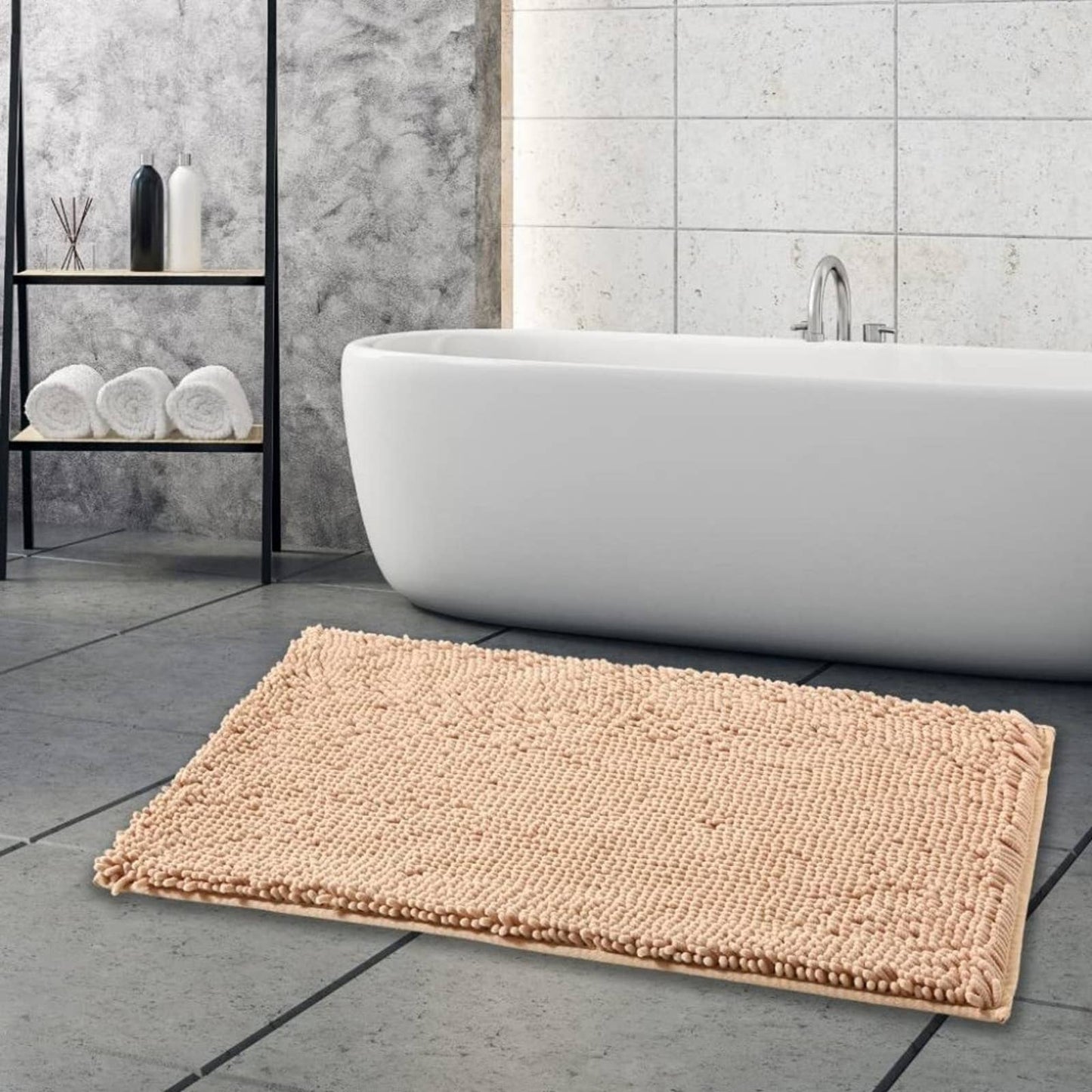 Chenille Bath Mat, Non-Slip, Super Absorbent Machine Washable Shower RUG Beige