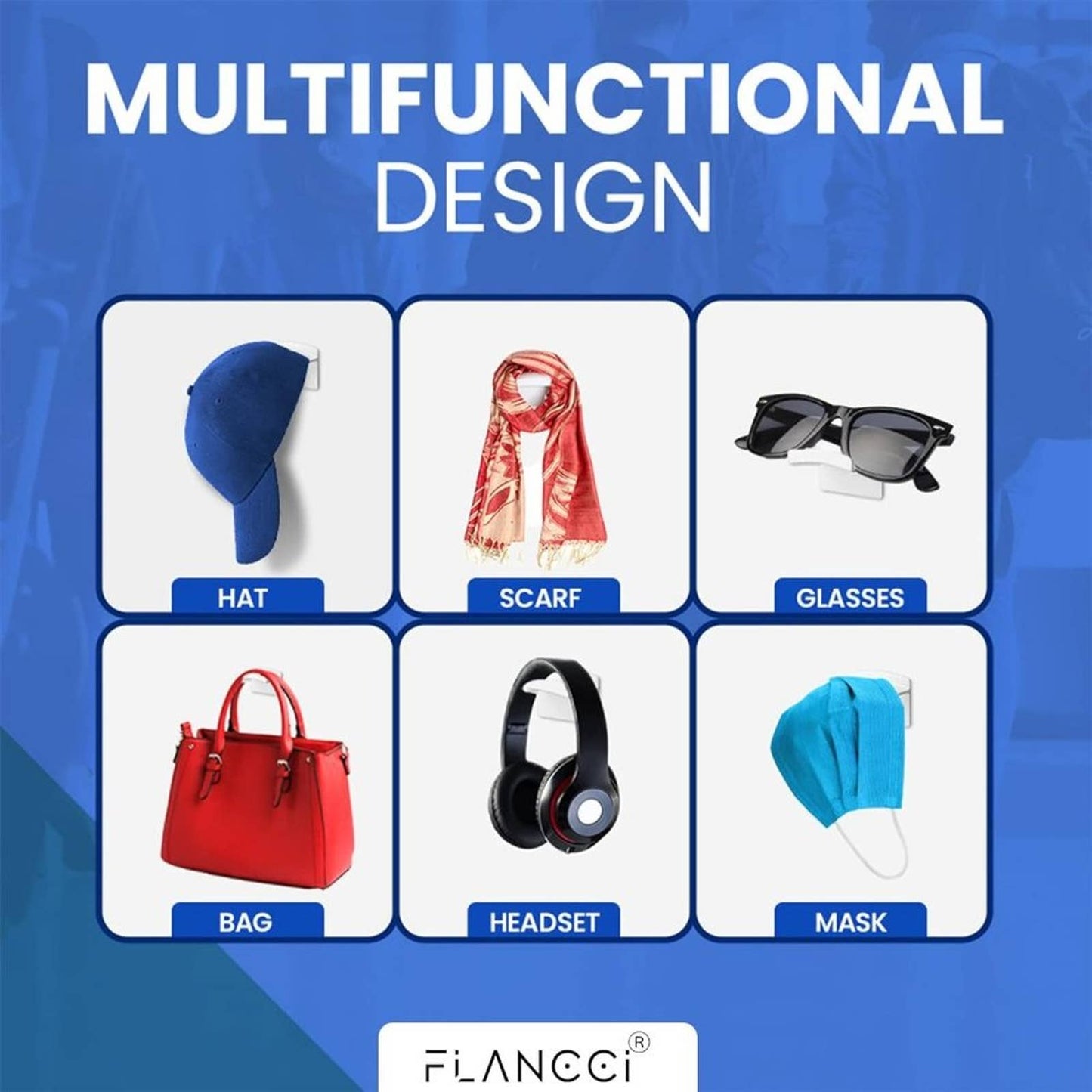 FLANCCI Hat Hooks for Wall, Minimalist Hat Rack Design, Self Adhesive Hangers