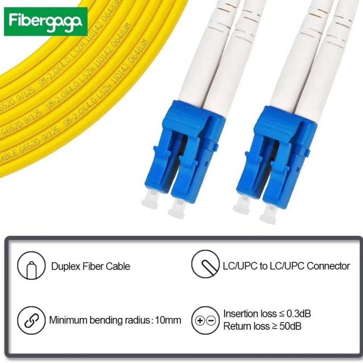Fibergaga 3m(10ft) OS2 LC/UPC to LC/UPC Fiber Patch Cable Multimode Duplex
