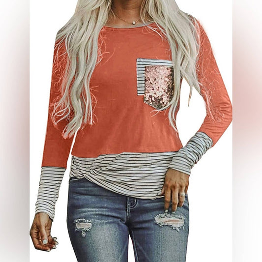 Women's Fashion Printed Orange Block Long Sleeve Tops Patch Pocket Tunic LG