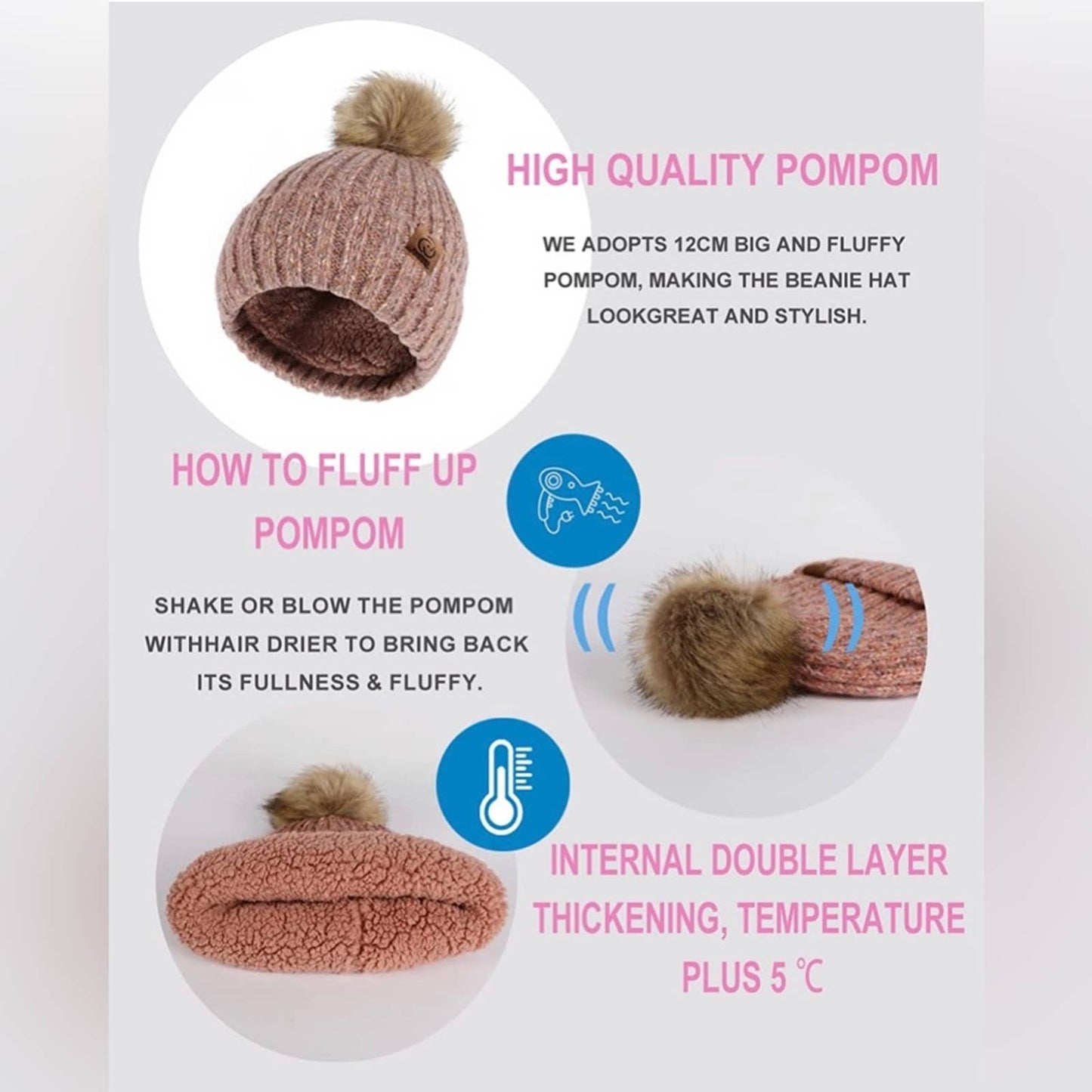 photios Womens Winter Knitted Beanie Hat with Faux Fur Pom Warm Knit Skull Cap