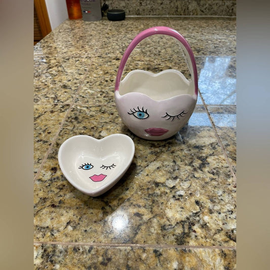 2PC Ceramic Heart Basket and Dish