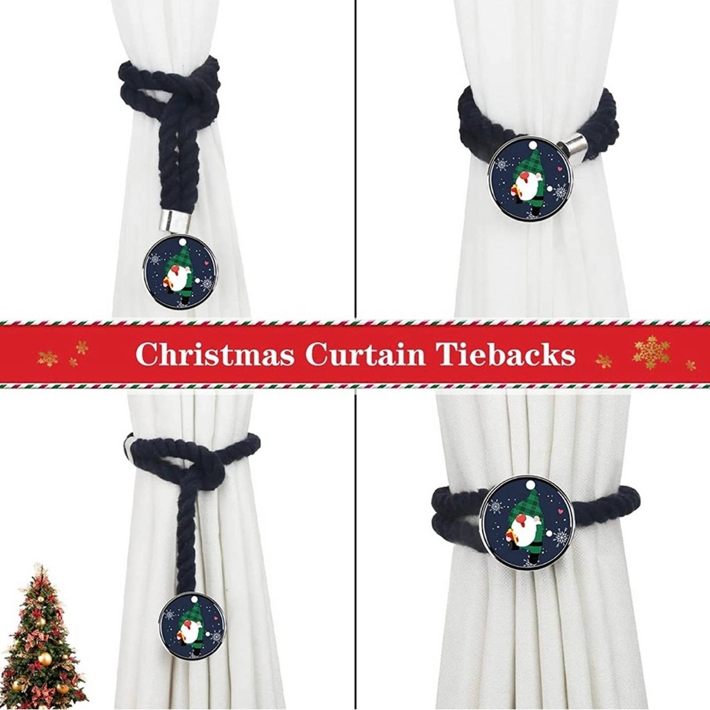 Porlau Christmas Curtain Tieback Cotton Rope Curtain Tie Backs, Navy