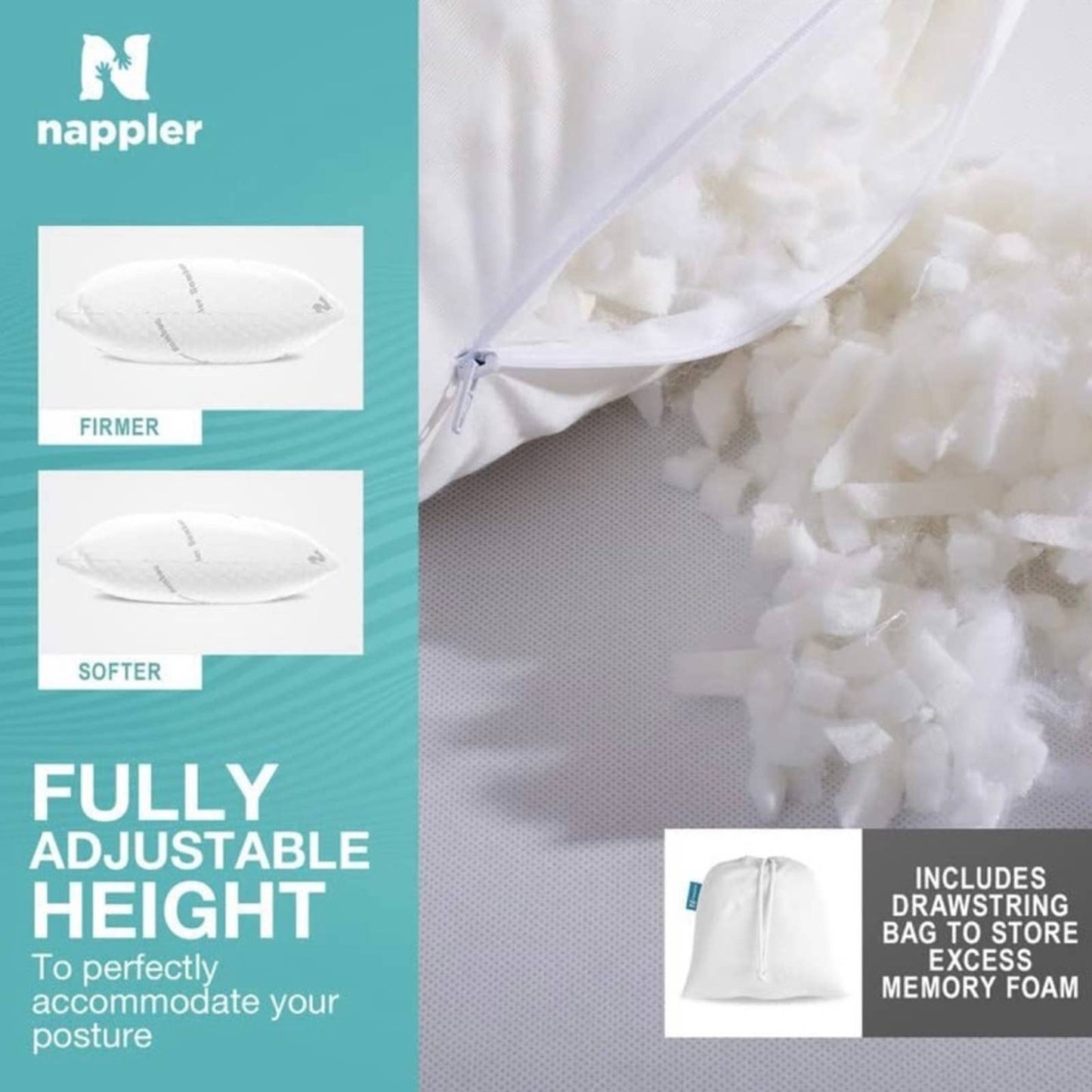 Nappler Premium Queen Pillow Hypoallergenic Adjustable Memory Foam