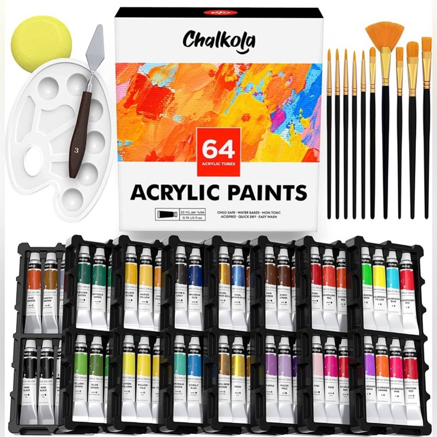 Acrylic Paint Set-64 Acrylic Tubes 22ml, 10 Art Brushes, Knife, Sponge & Palette