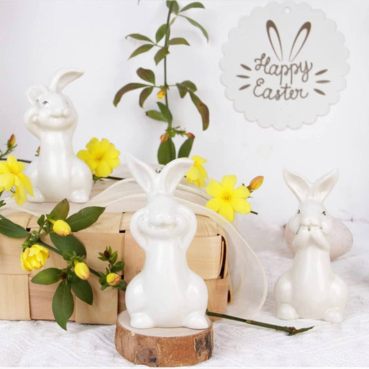 White Resin Easter Bunny Figurines Set of 3,Small Easter Bunny Status Decor