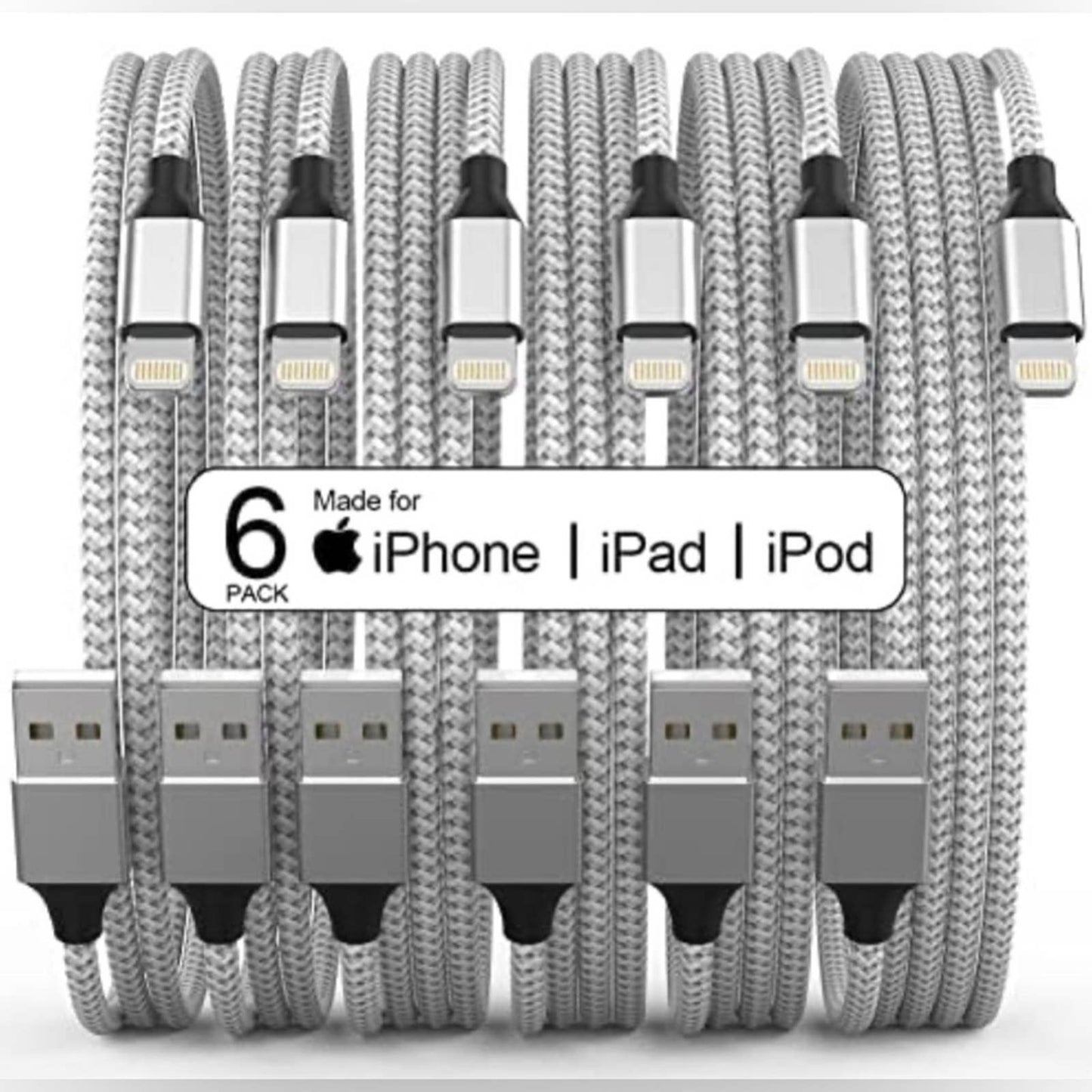 MFi Certified 6Pk[3/3/6.1/6.1/6.1/10FT] iPhone Charger Lightning Cable Silver
