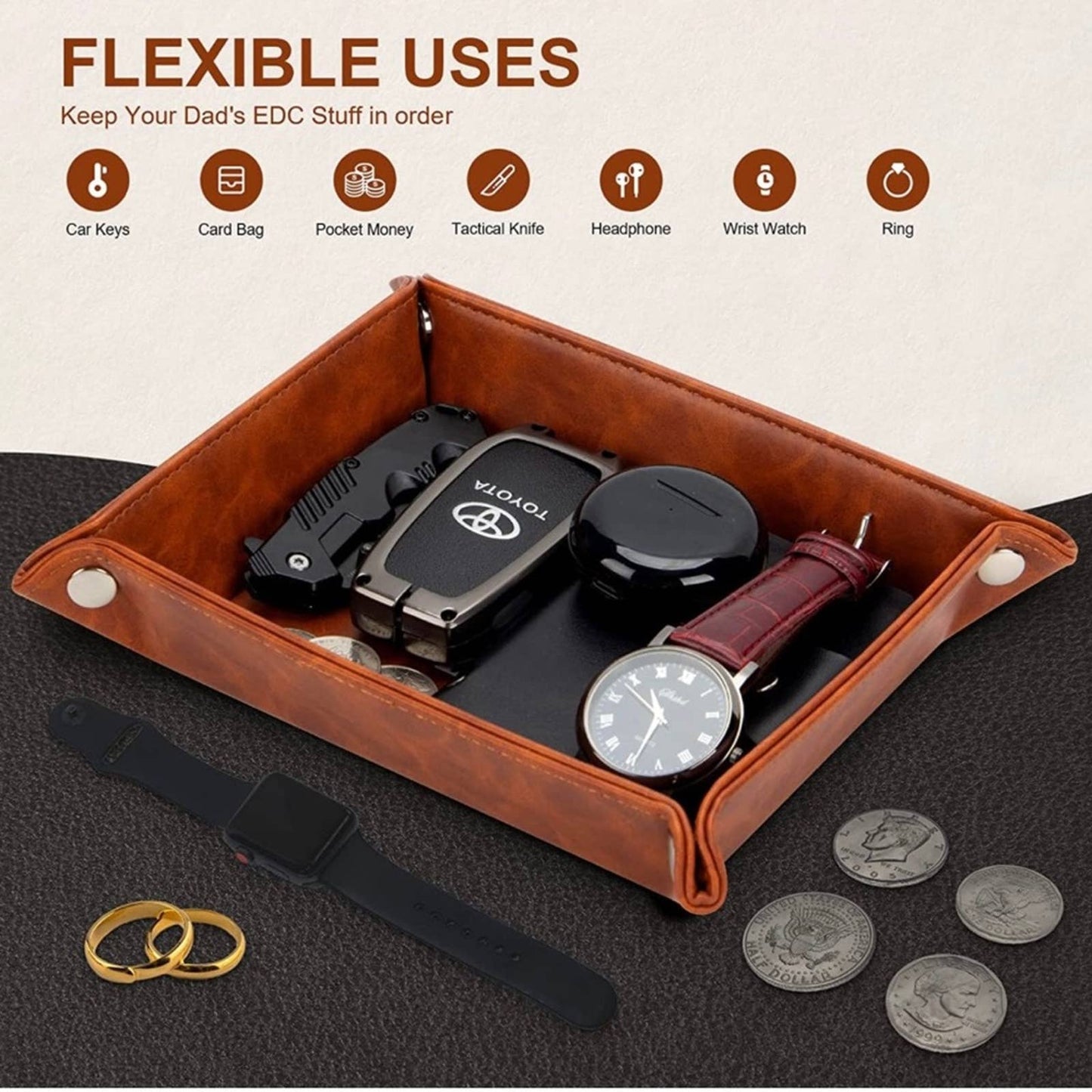 Gifts for Dad, World's Best Dad Ever Leather Key Valet Tray, Brown