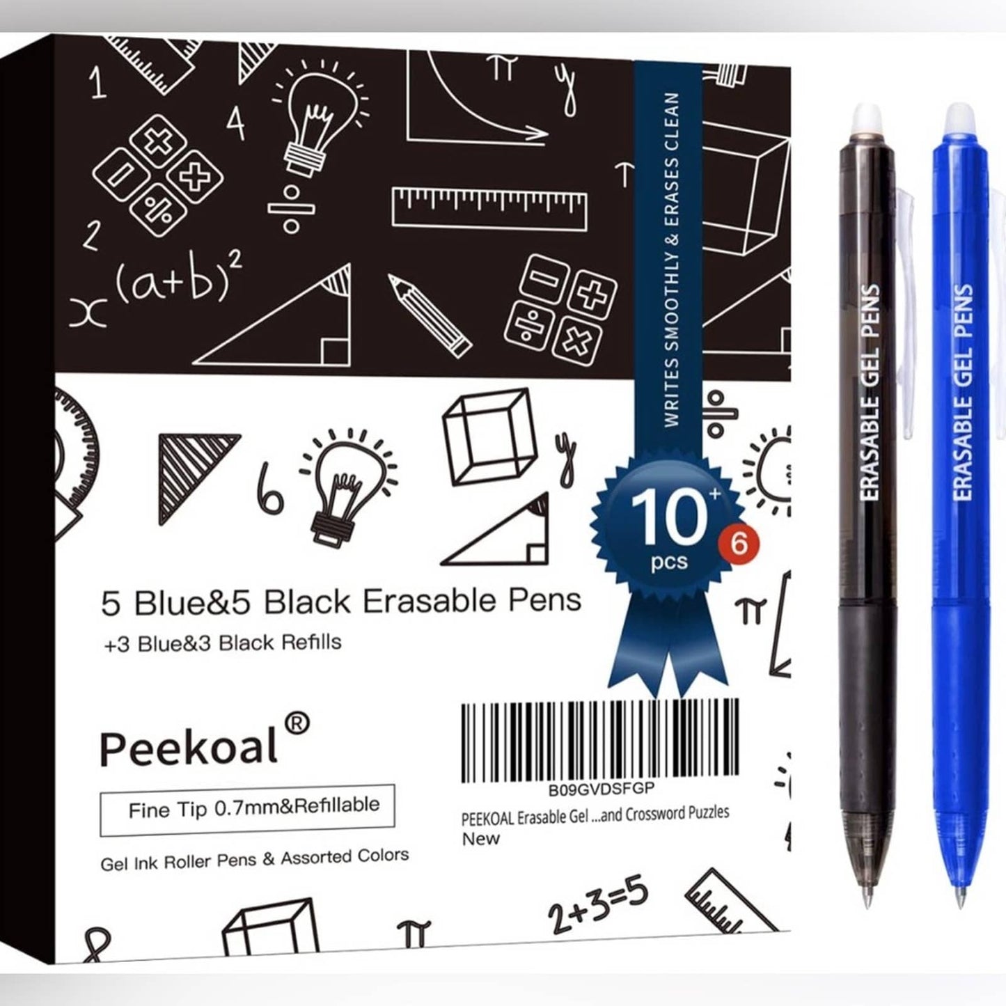 Erasable Pens,5 Black/5 Blue Gel Ink Pens+6 Extra Refills -0.7mm Fine Point