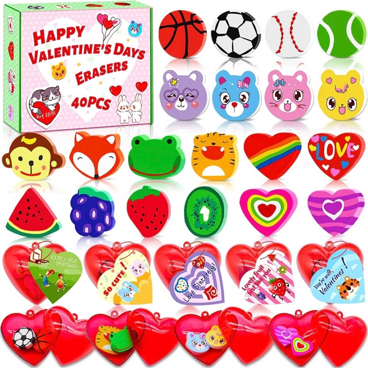 Valentines Day Gifts for Kids-40 Valentine Cards for Kids 80 Mini Erasers