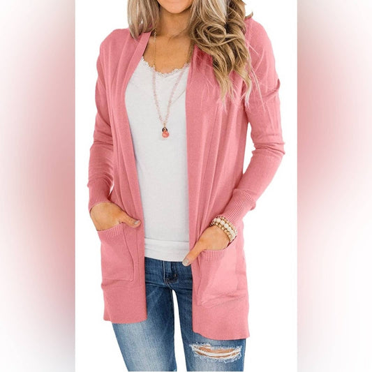 Women's Lightweight Open-Front Cardigan Sweater Long Sleeve Coral Pink Small