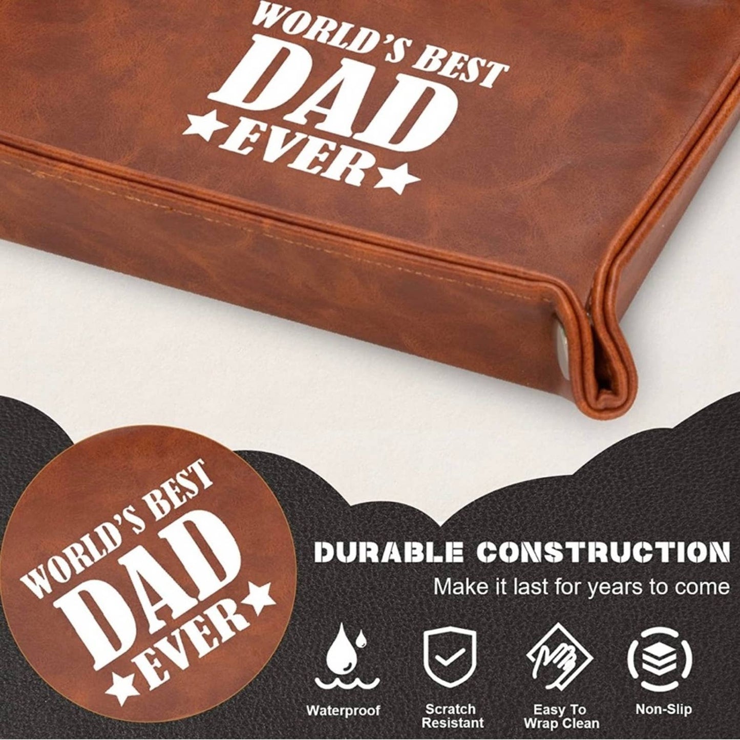 Gifts for Dad, World's Best Dad Ever Leather Key Valet Tray, Brown