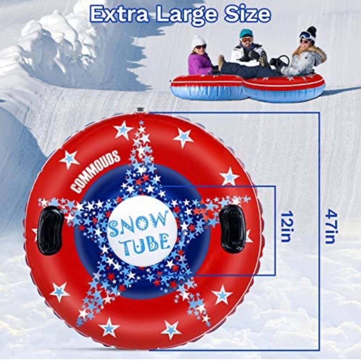 COMMOUDS Snow Tube, 47 Inch Large Inflatable Snow Sled with Handles Double-Layer