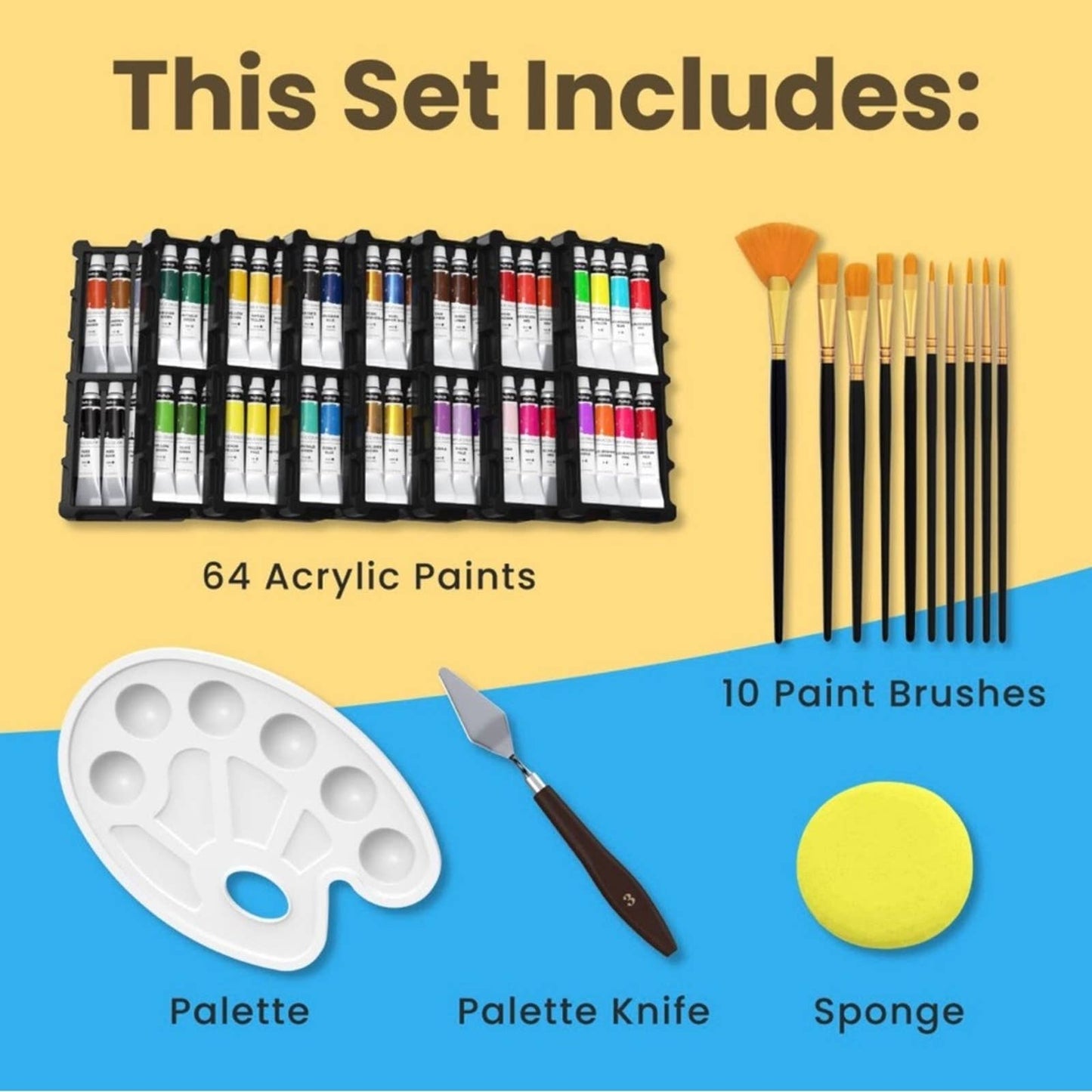 Acrylic Paint Set-64 Acrylic Tubes 22ml, 10 Art Brushes, Knife, Sponge & Palette