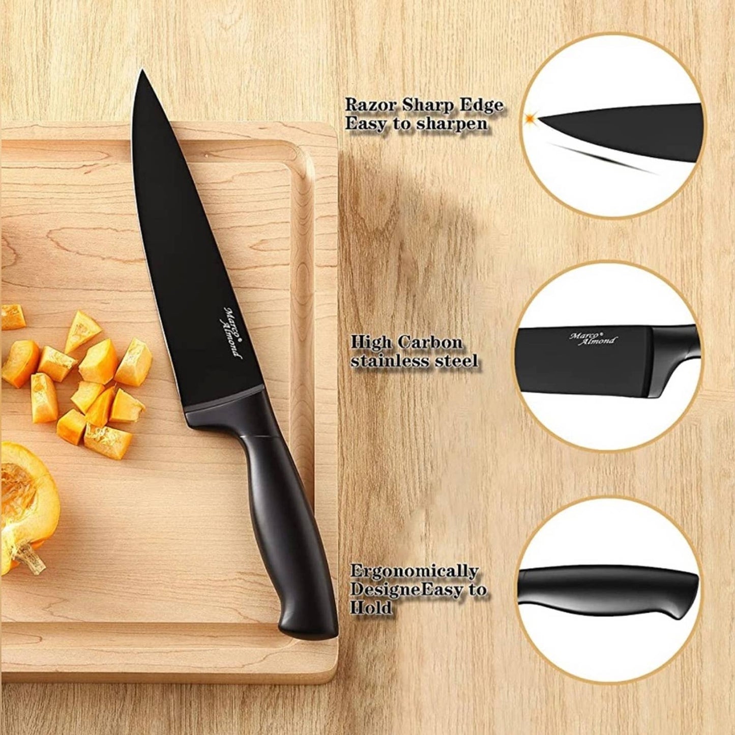 Marco Almond® Dishwasher Safe MA23 Black Kitchen Knife Set, 17 Pieces Stainless