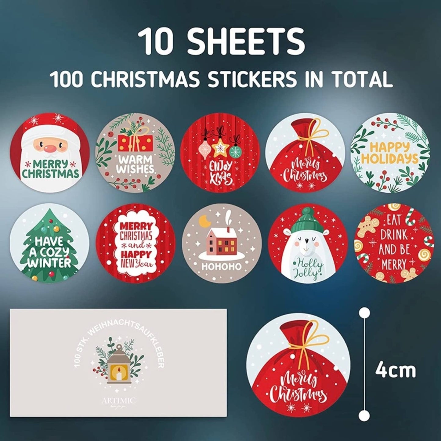BIROYAL 100Pcs Christmas Stickers Self Adhesive Envelope Round with 10 Designs