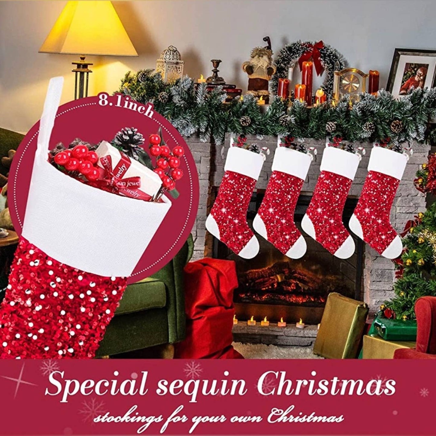 Aivanart Christmas Stockings Bulk Decorations Indoor,4 Packs 18" Red Sequins