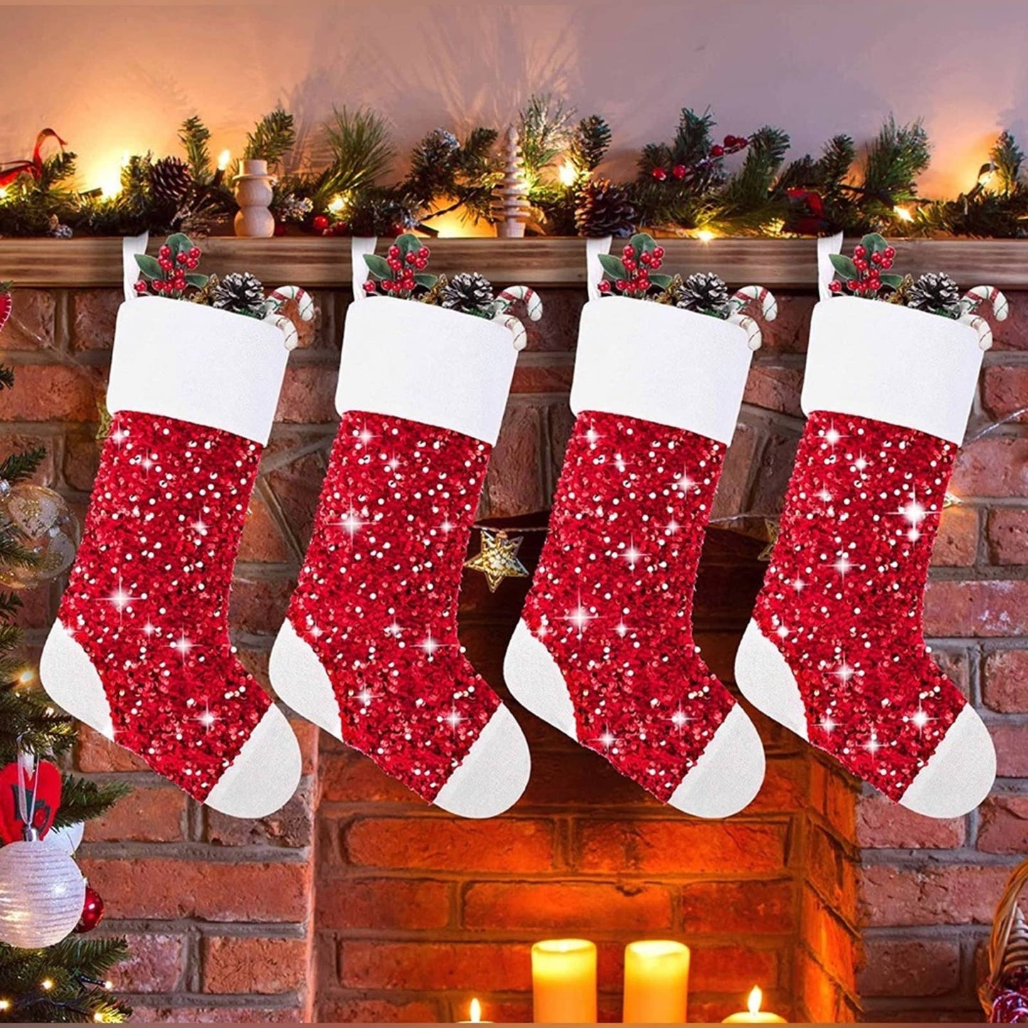 Aivanart Christmas Stockings Bulk Decorations Indoor,4 Packs 18" Red Sequins