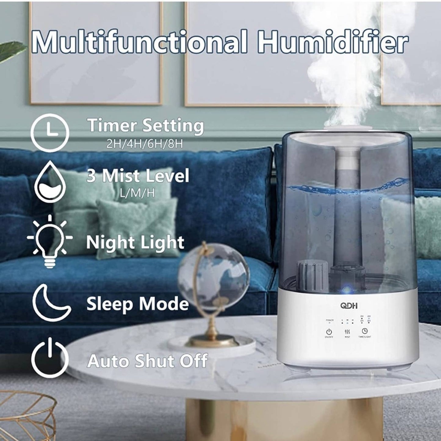 Humidifiers for Bedroom Large Room, QDH 3.5L Cool Mist Humidifier, 26dB Quiet