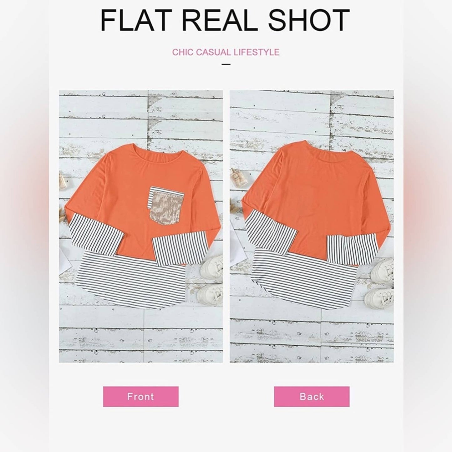 Women's Fashion Printed Orange Block Long Sleeve Tops Patch Pocket Tunic Shirt L